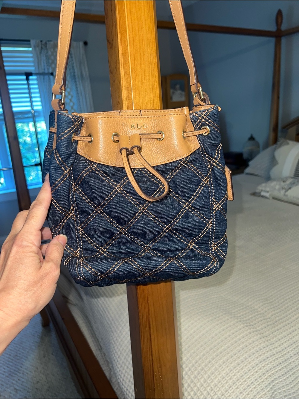 Ralph Lauren Navy Quilted Denim Drawstring Crossbody with Tan Trim
